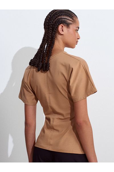 Dilvin 31585 Drape Detailed T-Shirt-Caramel