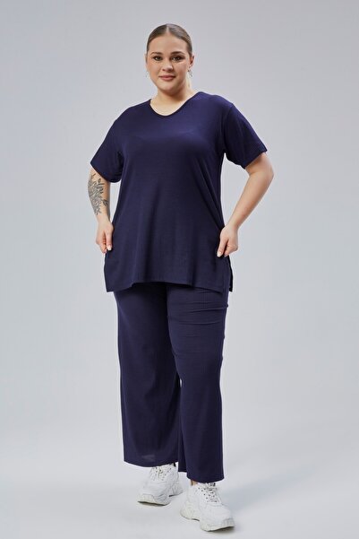 tarzımsüper Large Size Side Slit Comfort Model Suit Tunic with Trousers 2-Piece Top and Bottom Set