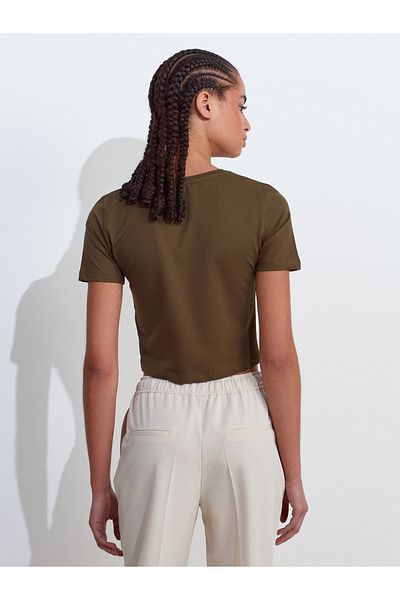 Dilvin 31655 Crew Neck Crop Top-Khaki