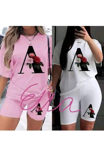 LUNAVISTA Kadın Yaz Seksi 2 Parça Set Gevşek Rahat Harf Baskılı Tişört Şort v...