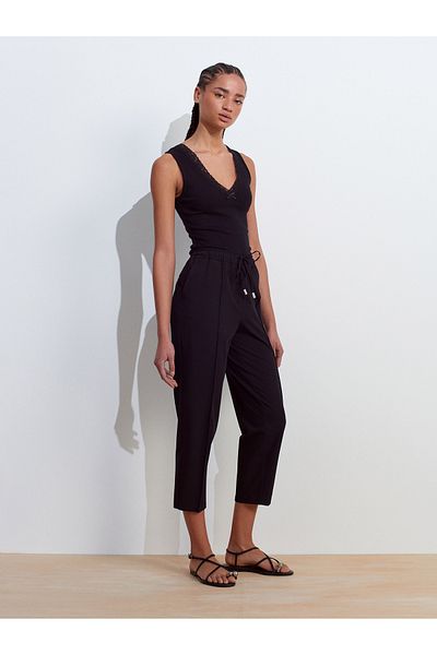 Dilvin 71622 Elastic Waist Straight Pants-Black