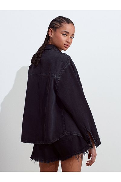 Dilvin 50749 Oversize Denim Shirt with Front Stitching-Black