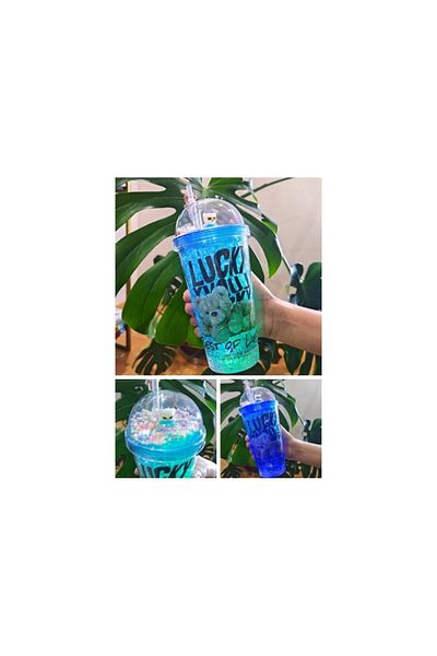 Lexi Bella Straw Drinker Character Lucky Teddy Bear Led Light Frosted Glass Appearance 450 ml Double Layer Mica Blue 2768