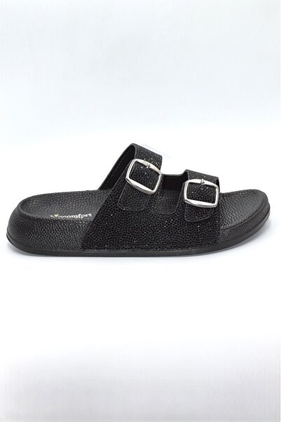 Biocomfort Black Glitter Women's Double Buckle Daily Slippers
