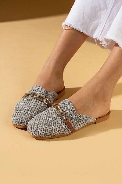FUGA MODA Estelya Gray Chain Belted Embroidery Detailed Closed Front Slippers