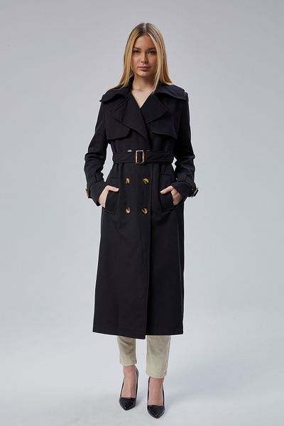 Bolivente Black Belted Long Trench Coat with Windbreaker Detail