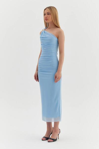 ZISHAN Rochie de seară pentru femei cu un singur umăr și detaliu cu cataramă aurie 1709