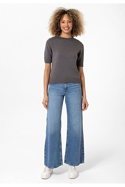 Williot Felina Women's Anthracite Crew Neck Half Sleeve Ribbed Basic Slim Fit Knitwear T-Shirt