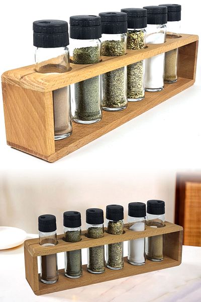 Binbirreyon Wooden Stand Spice Rack with 6 Jars Countertop 40cm Ra426