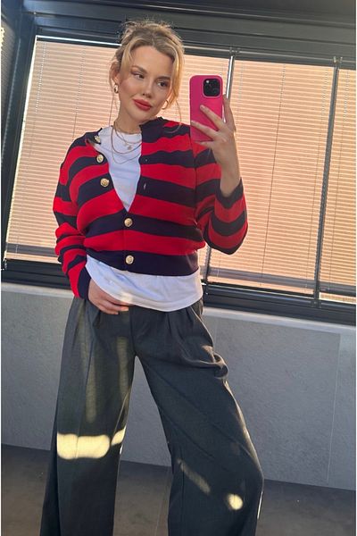MİR STORE Red Cardigan with Gold Buttons and Stripe Detail
