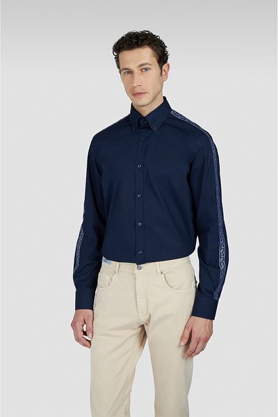 PAUL&SHARK Men's Long Sleeve Navy Blue Shirt with Şark Logo, Regular Fit