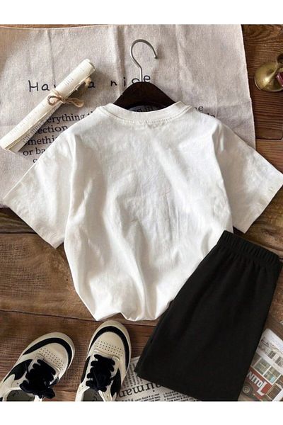 LOUİSA Girl's White-Black Hello Pandas Printed Combed Cotton Shorts T-Shirt Set