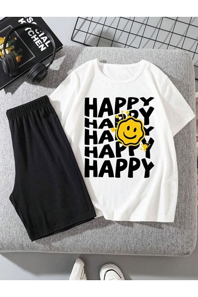 MORNİNG KİDS Boy-Girl White-Black Happy Printed Combed Cotton Shorts T-Shirt Set