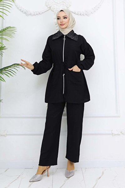 benguen Hijab Suit with Stone Detailed Collar Black 4727