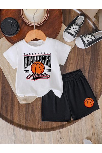 MORNİNG KİDS Boy's White-Black Challenge Basketball Printed T-Shirt-Shorts Set