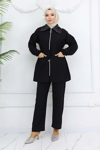 benguen Hijab Suit with Stone Detailed Collar Black 4727