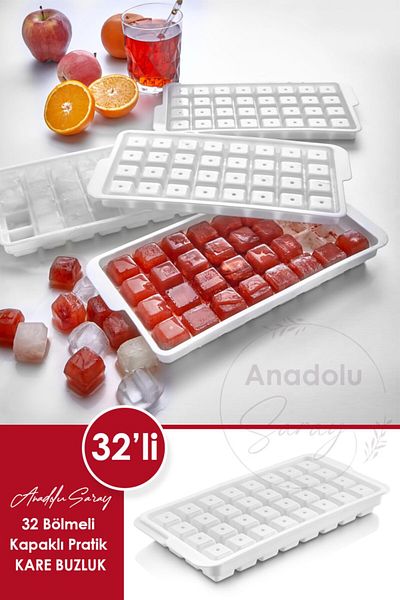 Anadolu Saray 32 Compartment Square Ice Mold with Practical Lid |   32 Pieces Square Model Large Size Ice Mold with Lid