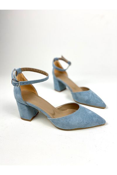Gloriys Ayakkabı & Çanta Pantofi cu toc gros de 6 cm din piele intoarsa albastru 01403