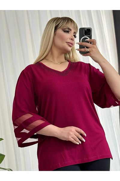 MODA Women's Plus Size Collar Stone Sleeves Tulle Detail Flexible Viscos Tunic
