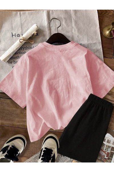 LOUİSA Girl's Pink-Black Strawberry Printed Combed Cotton Shorts T-Shirt Set