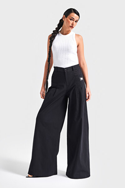 its basic Pantaloni de damă, de culoare neagră, din țesătură elastică de in Palazzo Fit Design