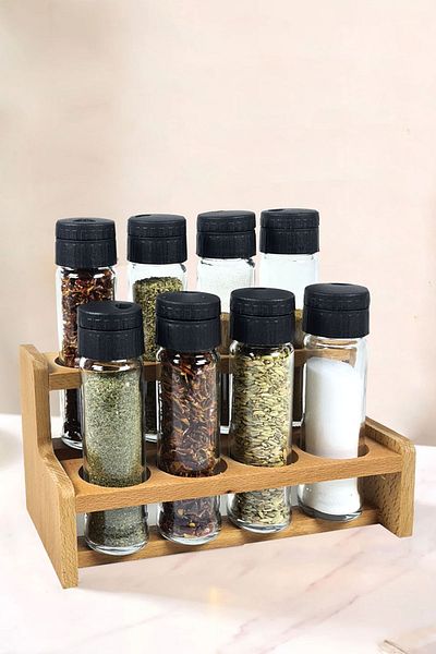 Binbirreyon Tiered Spice Rack with Wooden Stand 8 Jars Countertop 24cm Ra427