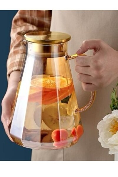 morponi Borosilikat Cam Metal Kapaklı Lüks Elmas Sürahi 1900 ml Gold