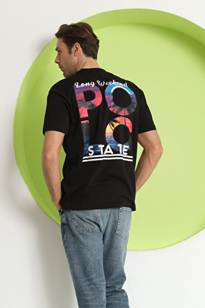 Polo State Tricou oversize cu imprimeu polo pentru bărbați, negru