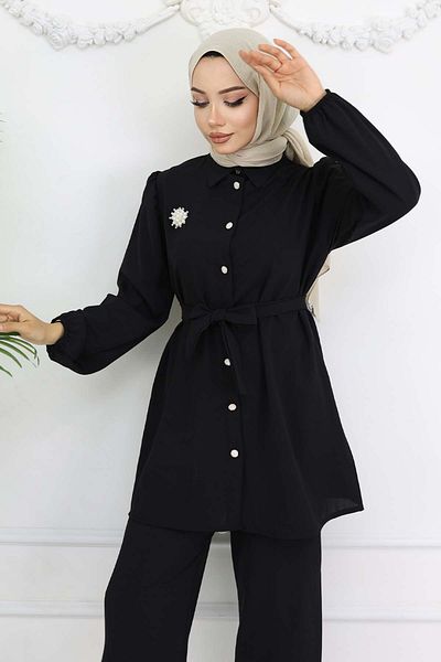benguen Inci̇ Brooch Belted Double Suit-Black