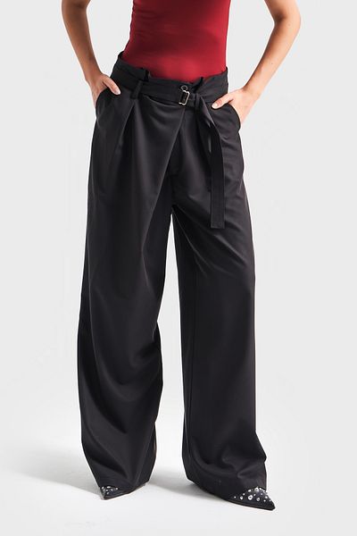its basic Women's Black Color Belt Detailed Palazzo Fit Super Loose Palazzo Trousers