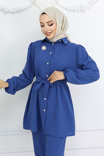 benguen Belted Double Suit with Pearl Brooch Indigo 4768