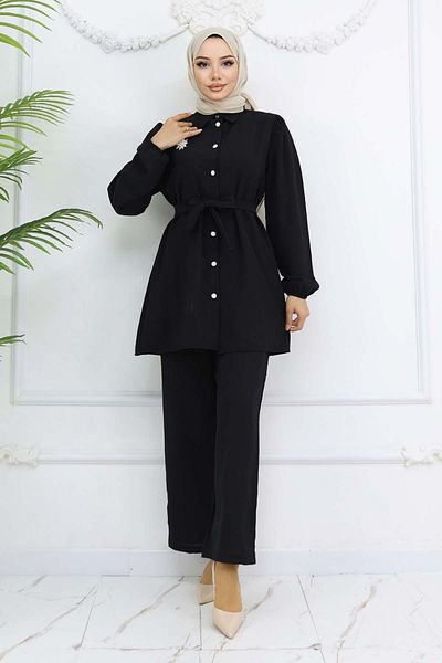 benguen Inci̇ Brooch Belted Double Suit-Black