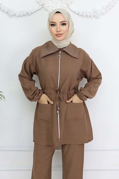 benguen Hijab Suit with Stone Detailed Collar, Brown 4727