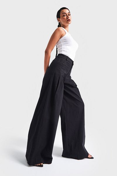 its basic Women's Black Color Stretch Linen Fabric Palazzo Fit Design Trousers