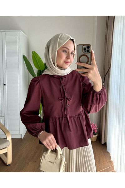 Refika Butik Dámský top se sukní, krátká hidžábová košile s balonovým rukávem se zavazováním vpředu, vínová