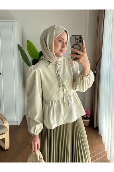 Refika Butik Top cu fustă de damă bej cu mânecă cu balon și mânecă cu balon, cămașă hijab scurtă