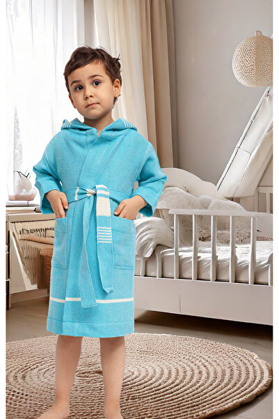 Eselba Turkuaz Beyaz Çizgili Organik Pamuk Peştamal Kız/erkek Çocuk Bornoz/sabahlık 1-3 Yaş