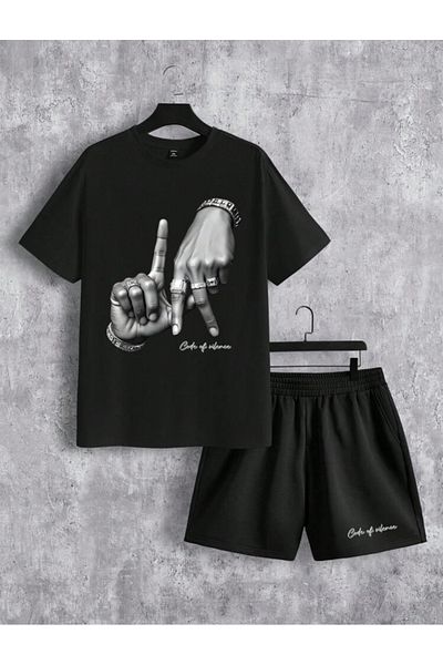 TRENDPUNKY Set de tricou unisex Hiphop LA cu imprimeu manual de jos, de sus, pantaloni scurți