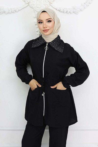 benguen Hijab Suit with Stone Detailed Collar Black 4727