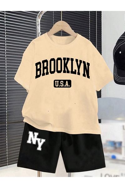 MORNİNG KİDS Boy's Beige-Black Brooklyn Printed Combed Cotton T-Shirt Shorts Set