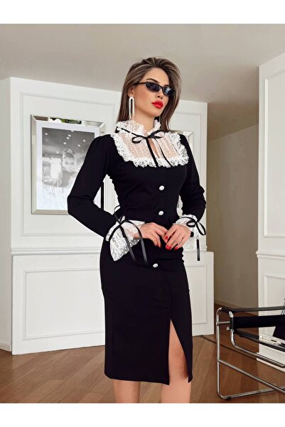 1Moda1Tarz Γυναικεία εισαγόμενη υφασμάτινη κορδέλα και σιφόν με λεπτομέρειες ειδικής σχεδίασης φόρεμα με κουμπιά με επένδυση