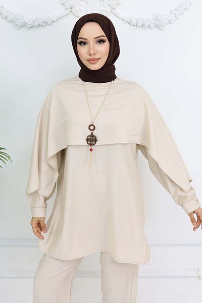 benguen Collar Detailed Hijab Suit with Necklace Stone Color