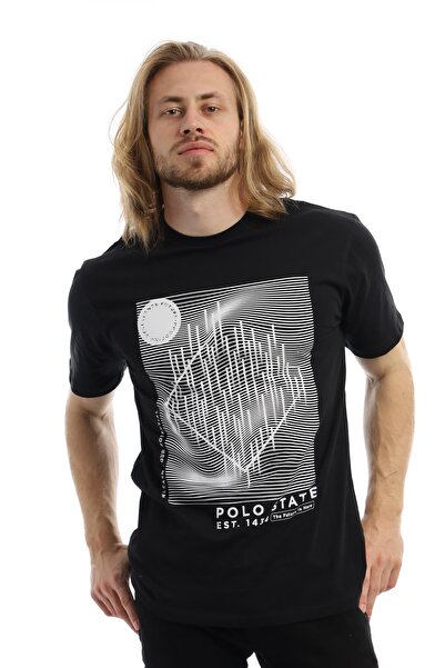 Polo State تيشيرت رجالي من بولو ستيت برقبة دائرية ومطبوع باللون الأسود