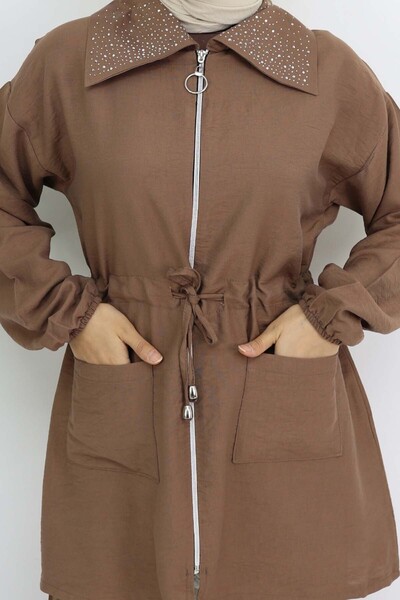 benguen Hijab Suit with Stone Detailed Collar, Brown 4727