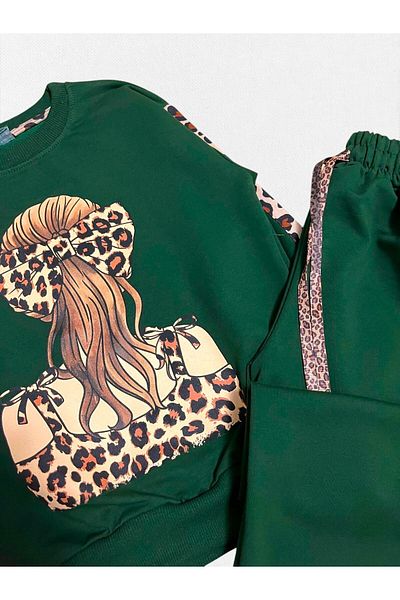 Fil Kids Girl's Long Sleeve Wide Leg Sweatpants Suit - Green Leopard Ribbon Pattern