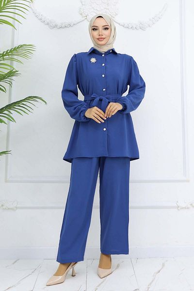 benguen Belted Double Suit with Pearl Brooch Indigo 4768