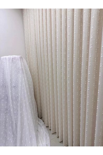 NİVEMESHOME Florida Linen Look Champagne Color Bohemian Style Pompom 1/3 Dense Pleated Tulle Curtain