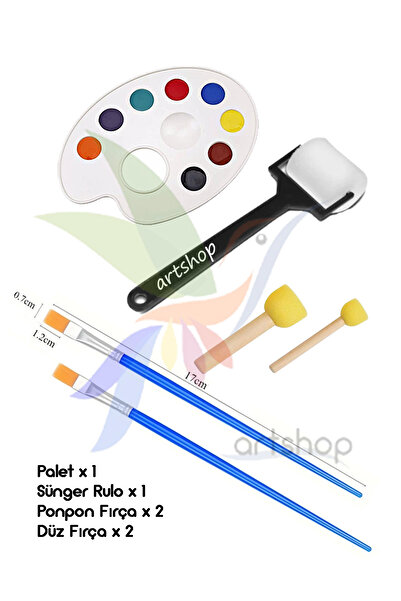 Artshop Sanatsal 2 Adet Fırça, Palet, Ponpon Fırça, Sünger Rulo Yardımcı Set