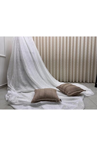 NİVEMESHOME Florida Linen Look Champagne Color Bohemian Style Pompom 1/3 Dense Pleated Tulle Curtain