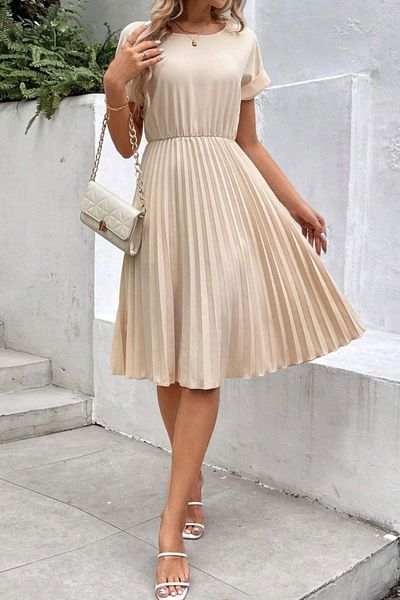 Mossta Elastic Waist Pleated - Short Crepe Dress - Beige
